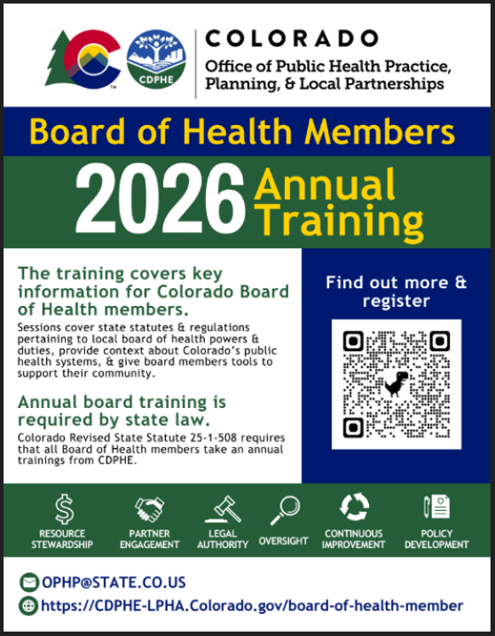 This image is a screenshot of the first page of the CO Boards of Health Member 2026 Training Overview. For an accessible version of this documnet, view the CO Boards of Health Member 2026 Training Overview link in the website text. 