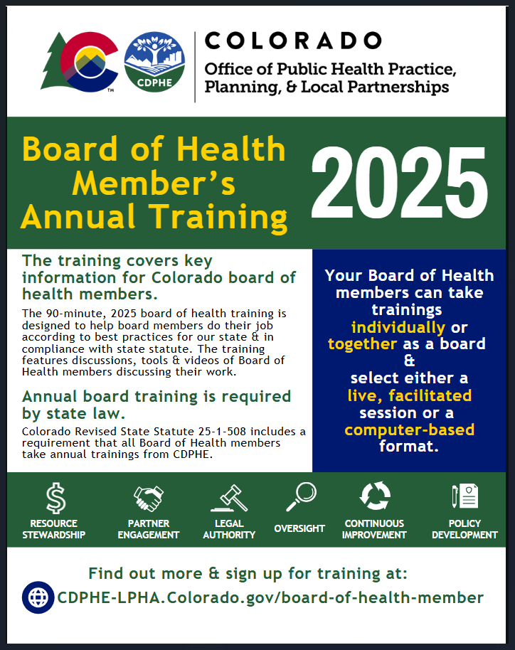 Screenshot of the board of health training flyer. Click the image for the link to the PDF flyer