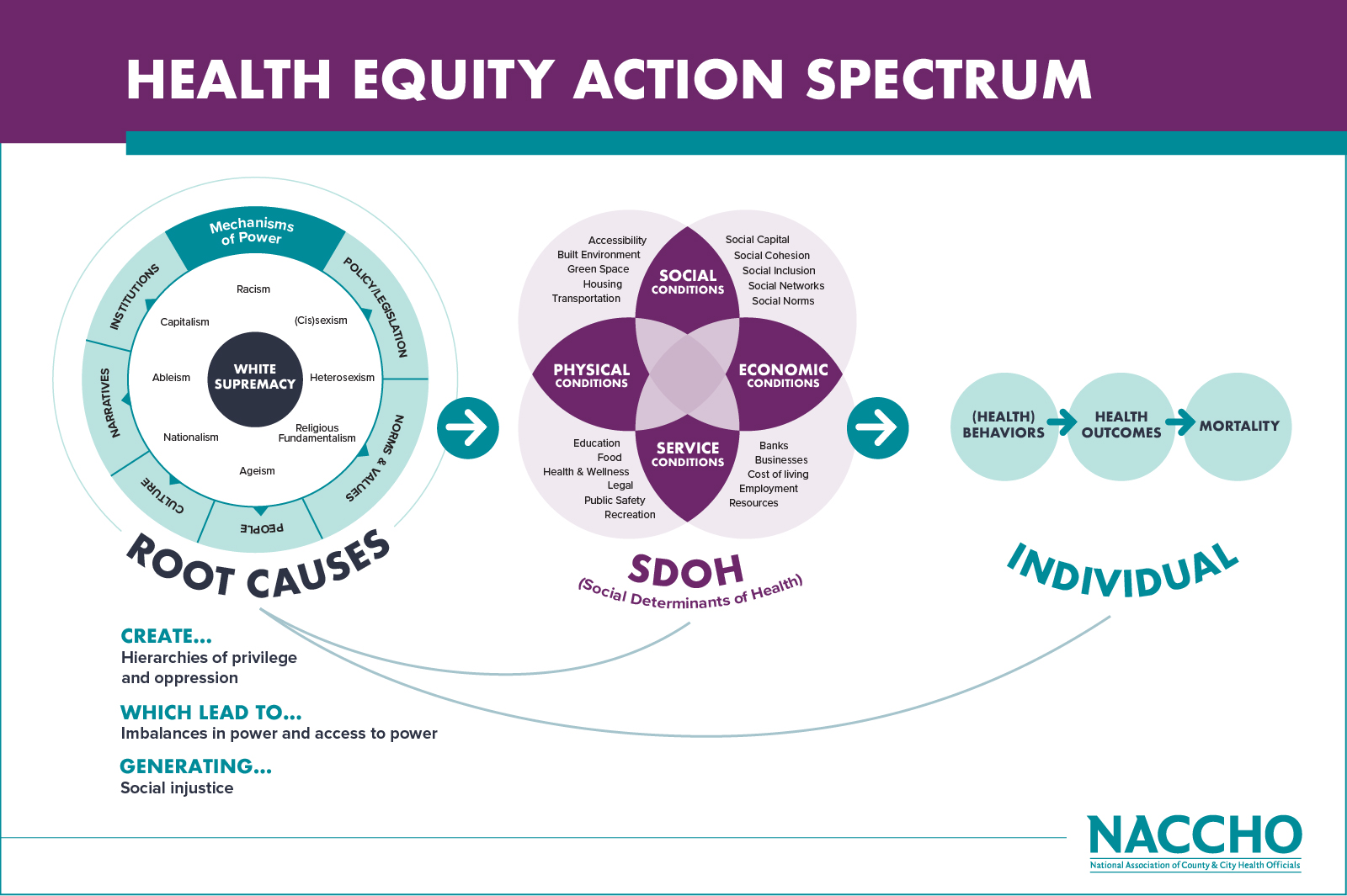 Health Equity Action Spectrum by NACCHO. It demonstrates visually how root causes affect social determinants of health and ultimately, individual health.