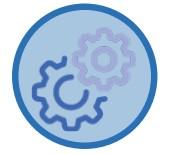 Icon representing the "Organizational Competencies" core service. It is a blue circle with two gears.