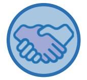 Icon representing the "Partnerships" core service. It is a blue circle with an image of a hand shake.