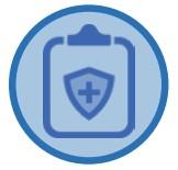 Icon representing the "Policy Development and Support" core service. It is a blue circle with a clipboard