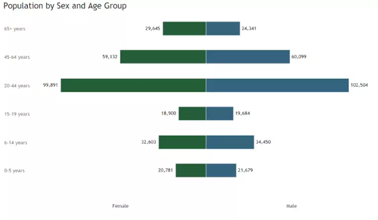 Butterfly chart sex and age group demographics for Adams county, taken from the Colorado Health Indicators Dashboard